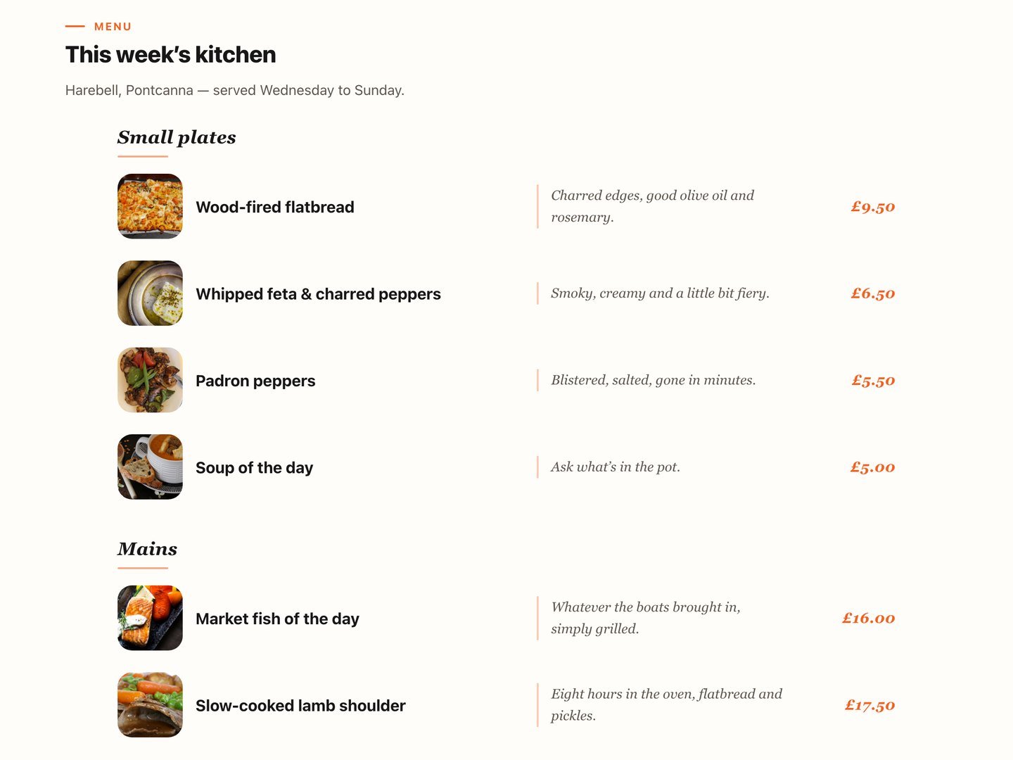 Community HubLand menu page preview: a restaurant menu grouped into small plates and mains with dish photos, descriptions and prices