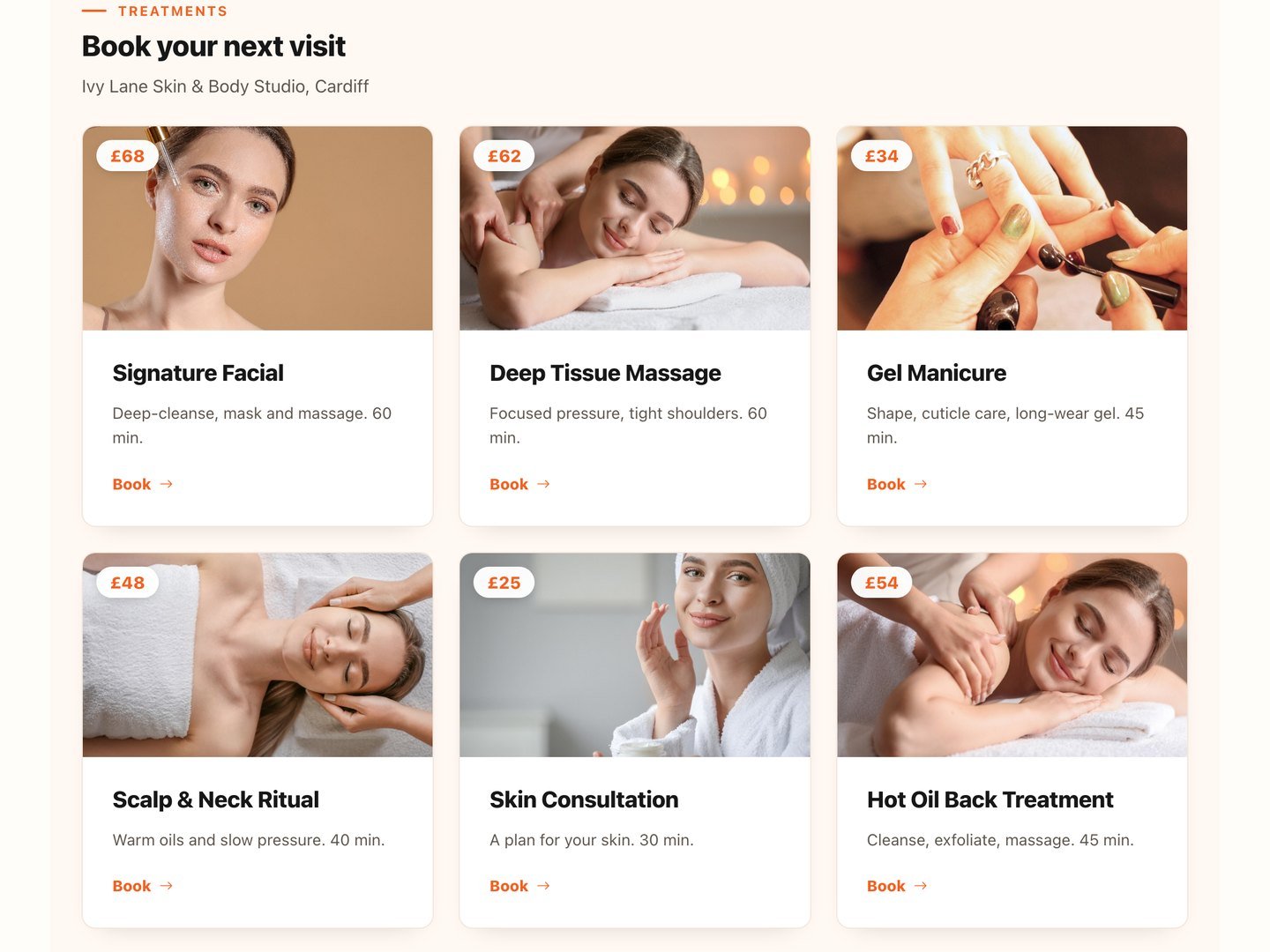 Community HubLand services page preview: a treatment studio with six bookable services, photography, prices and Book buttons