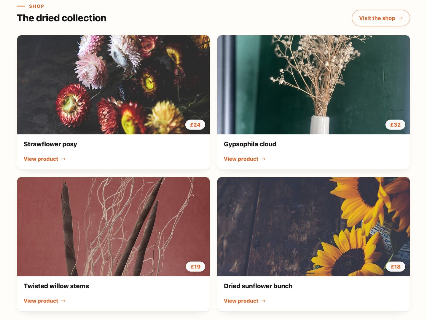 Community HubLand online shop preview: a dried-flower studio storefront with a four-product grid, photography, prices and View product links
