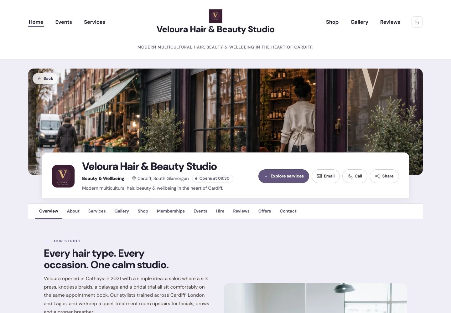 A CHL Business Page on desktop: Veloura Hair & Beauty Studio, with storefront hero, Explore services, email, call and share actions