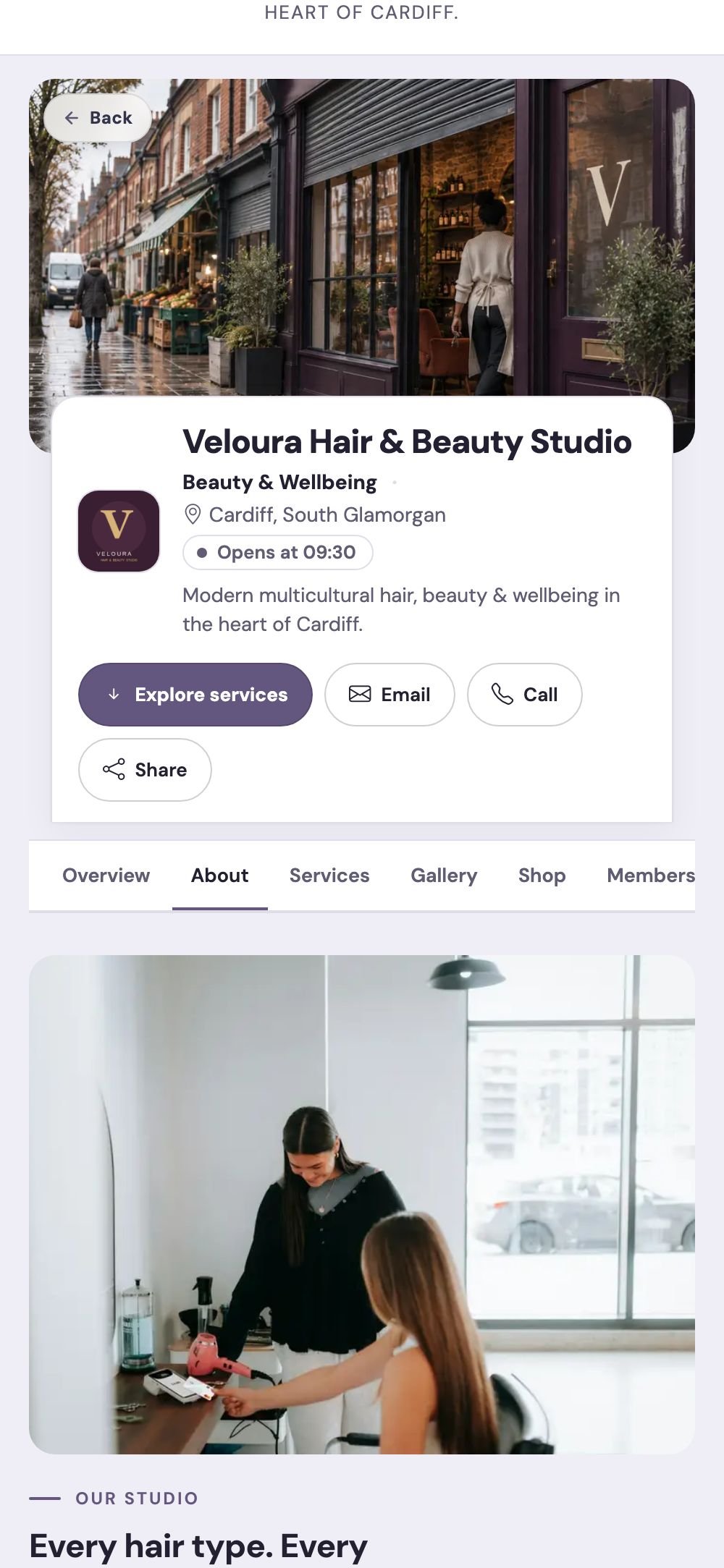 The same Business Page on a phone, composed for the small screen