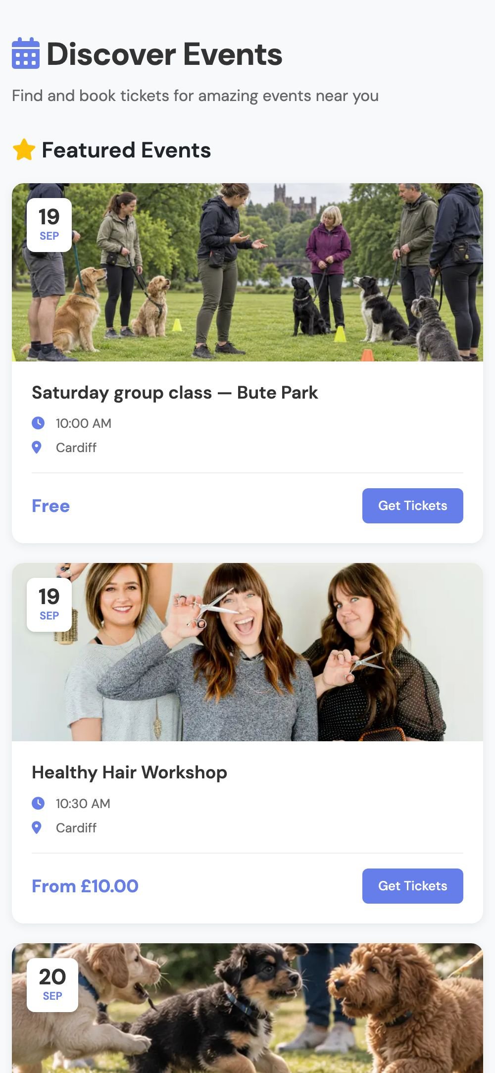 CHL discovery on a phone: Discover Events, featured events with tickets published by local businesses