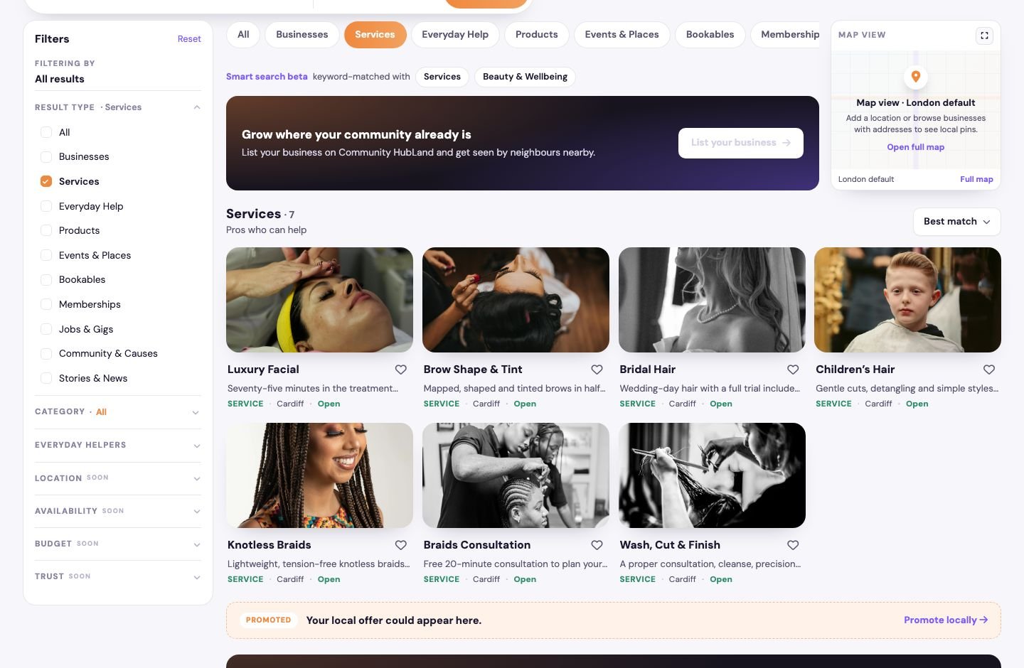 CHL Explore: a search for “hair” under Services returns a salon’s real services — facial, brow shape, bridal hair, braids — each linking back to the business that published it