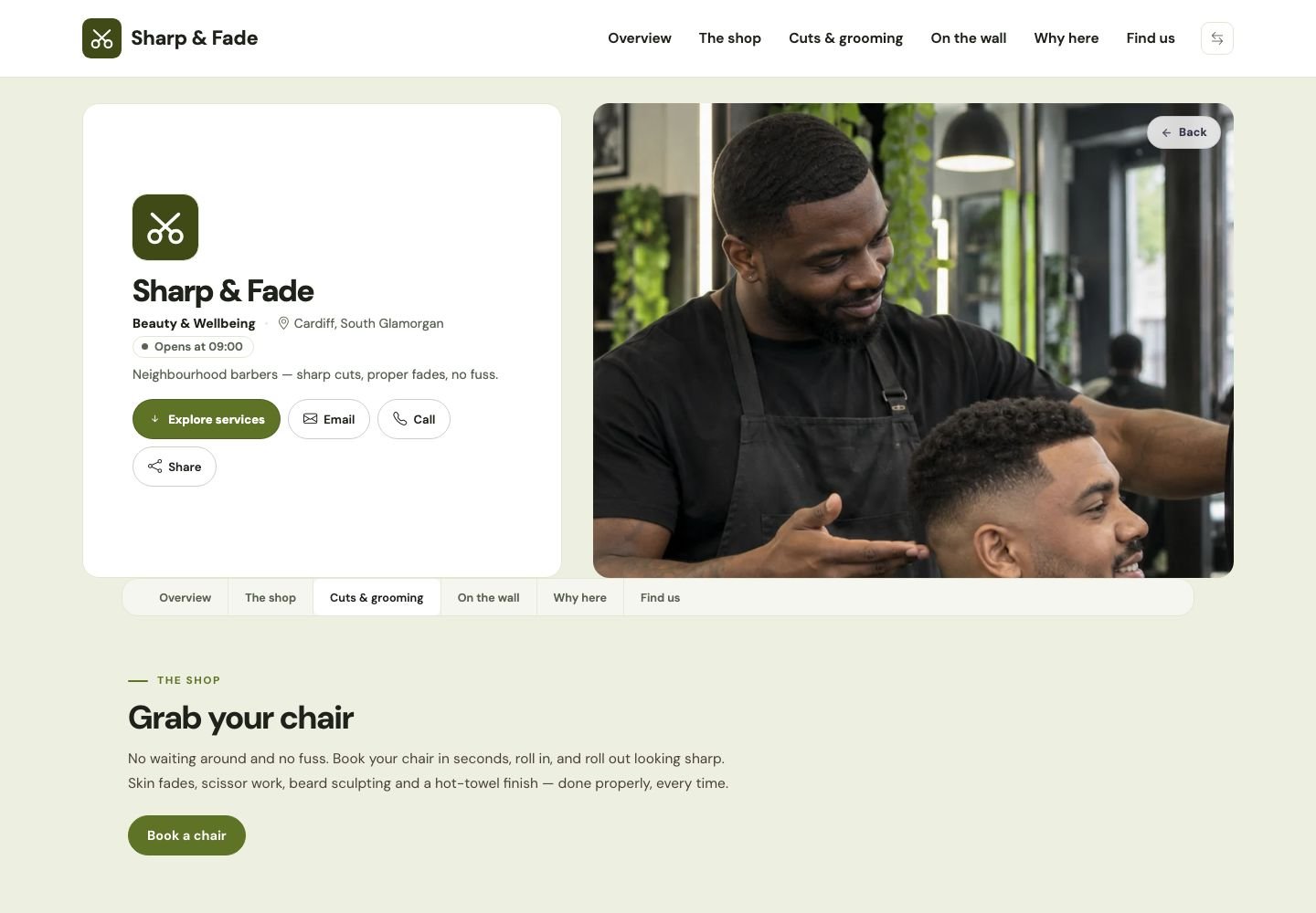 A third CHL business, Sharp & Fade barbers, in its own green colour world — header, shopfront photo, name card and page tabs