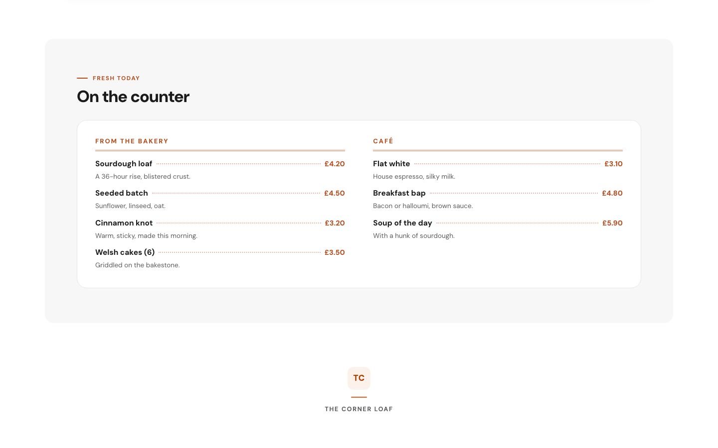 A bakery’s menu published on its CHL Business Page: “On the counter”, bakery and café items with prices