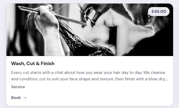 A service card on a CHL Business Page: Wash, Cut & Finish, £45, with a Book link