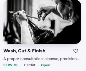 The same service, Wash, Cut & Finish, as a result in CHL Explore, marked Service · Cardiff · Open