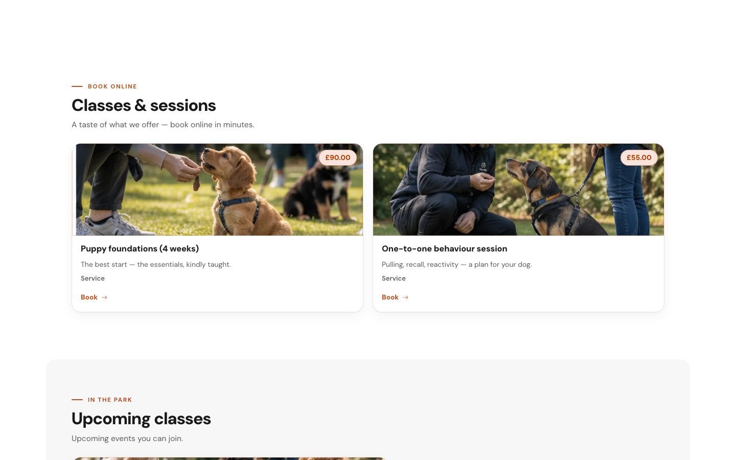 Services on a CHL Business Page — Good Dog Cardiff: puppy foundations and one-to-one behaviour sessions, each with a price and a Book link