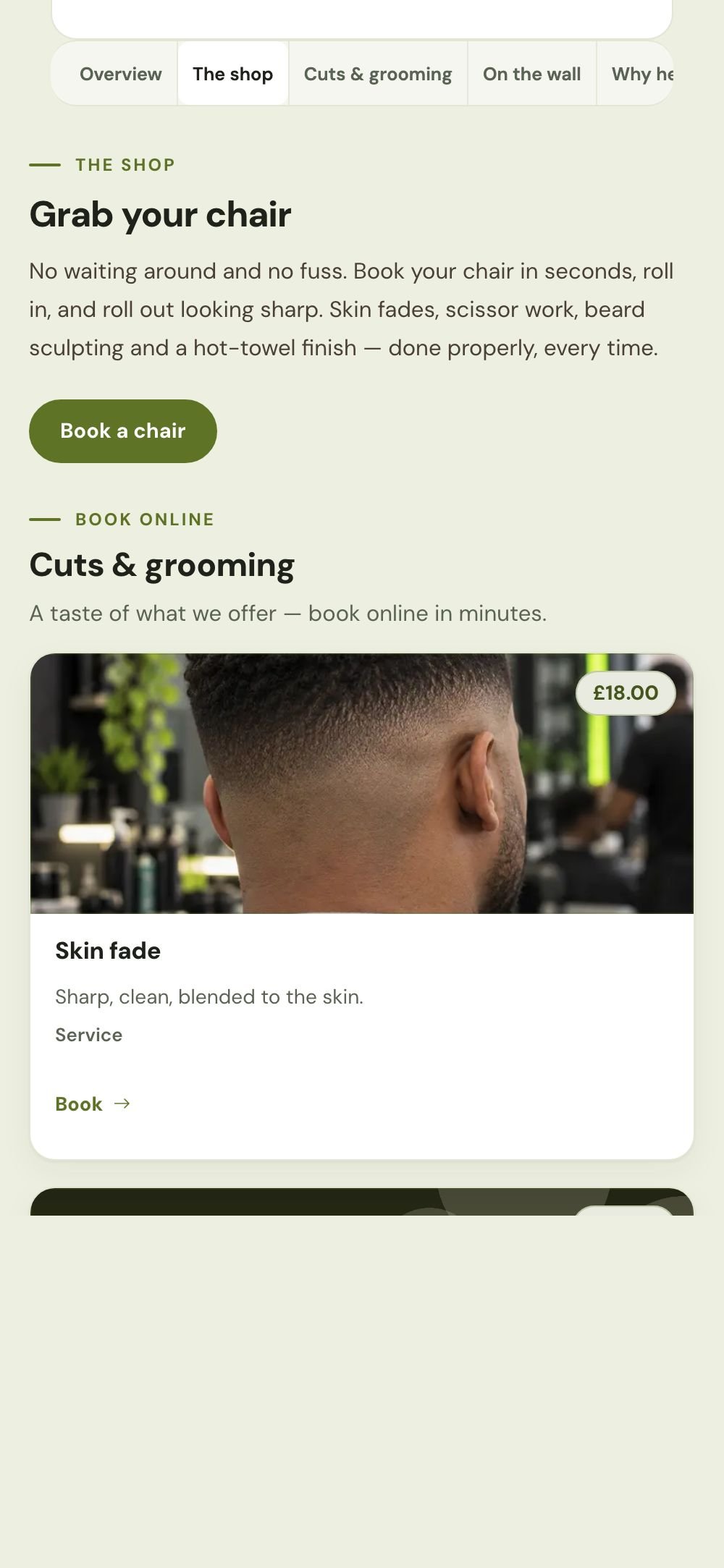 A barber’s services on a phone — Sharp & Fade, Cardiff: skin fade, £18, with a Book link