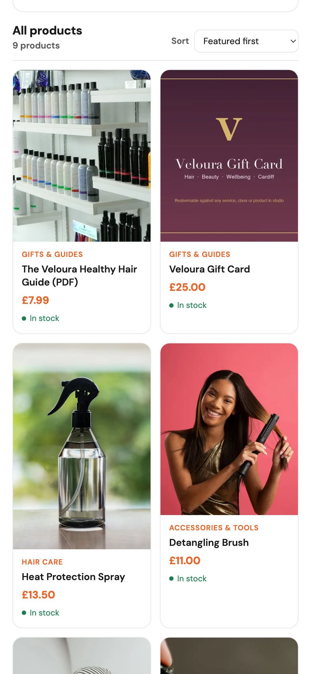 A CHL shop on a phone: the product grid with names, prices and stock — a hair guide, a gift card, heat-protection spray, a detangling brush