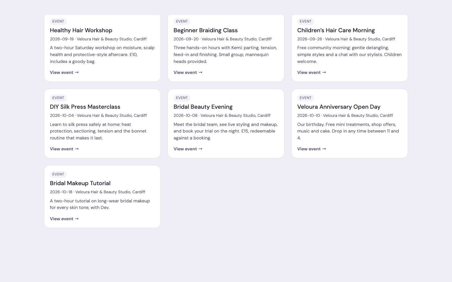 A salon’s events on its CHL Business Page: workshops, classes and an open day, each with its own event page