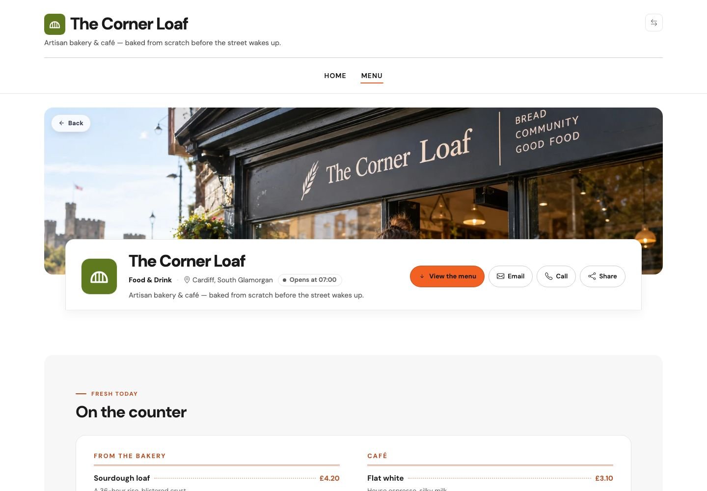 A CHL demo business site, The Corner Loaf bakery: Home and Menu pages with today’s counter